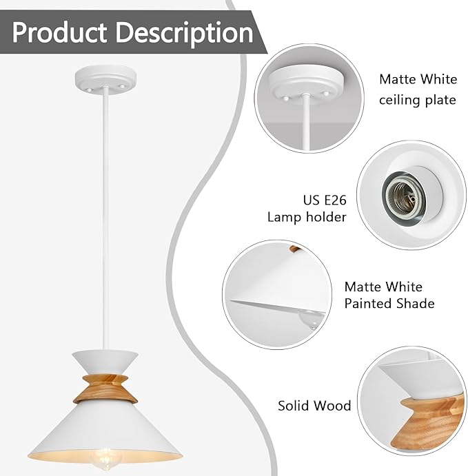 12 Inch White Pendant Lights Kitchen Island Hanging Light Fixtures Adjustable Rod Height Pendant Lighting for Dining Room 1 Pack