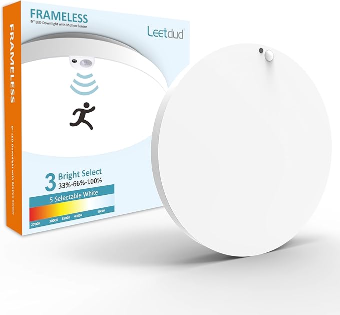 Leetdud Motion Sensor Ceiling Light Indoor Wired, 9 Inch 18W, 5 CCT 2700/3000/3500/4000/5000K, 3 Brightness Settable, 1550LM Flush Mount LED Closet Lights for Stairs Hallway Laundry Porch, White