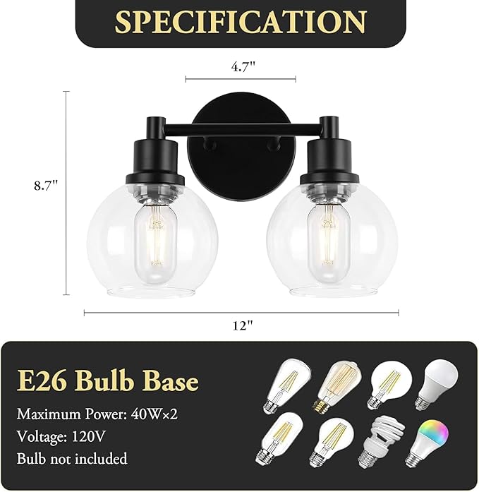Bathroom Vanity Light 2 Light, Black Bathroom Light Fixtures with Clear Globe Glass Shade, Matted Black Wall Sconce Over Mirror for Kitchen, Living Room