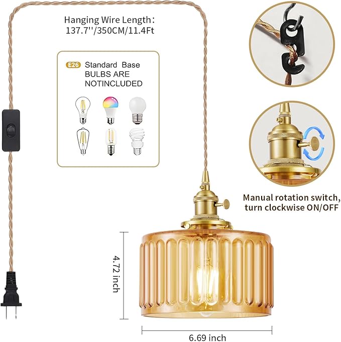 Plug in Pendant Light, Hanging Lights with Plug in Cord, Hanging Light Fixture with Clear Glass, E26 Pendant Lighting for Kitchen Island, Bedroom, Dining Room- Amber Color