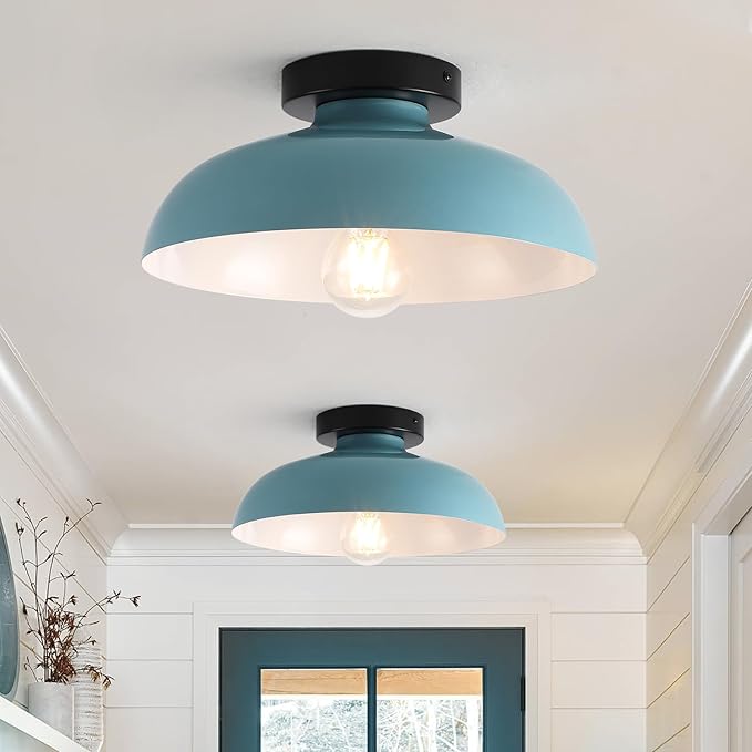 2 Pack Semi Flush Mount Ceiling Lights, 12 Inch Metal Small Ceiling Lights for Kids Room Close to Ceiling Light Fixtures with Light Blue Shade for Hallway Entryway Kitchen Bedroom Bathroom Laundry