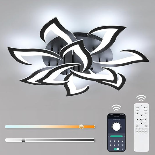 Goeco Dimmable Ceiling Light, 10-Petals Flower Light Fixture with Remote Control and App, 3000K-6500K Modern LED Ceiling Light for Living Room, Bedroom, Kitchen, Black