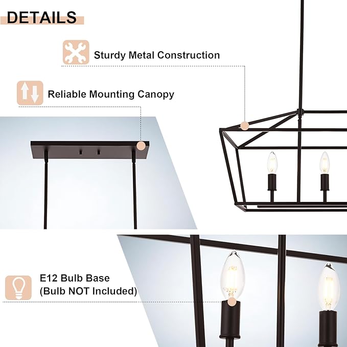4-Light Kitchen Island Lighting, Dining Room Farmhouse Lantern Chandelier for Over Pool Table Living Room, Pendant Light Fixtures E12 Bulb Base & Oil Rubbed Bronze