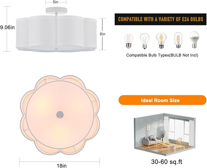 Semi Flush Mount Ceiling Light, White Linen Fabric Shade Ceiling Light, Modern Farmhouse Close to Ceiling Light for Bedroom, Hallway, Living Room, Dining Room, Laundry Room