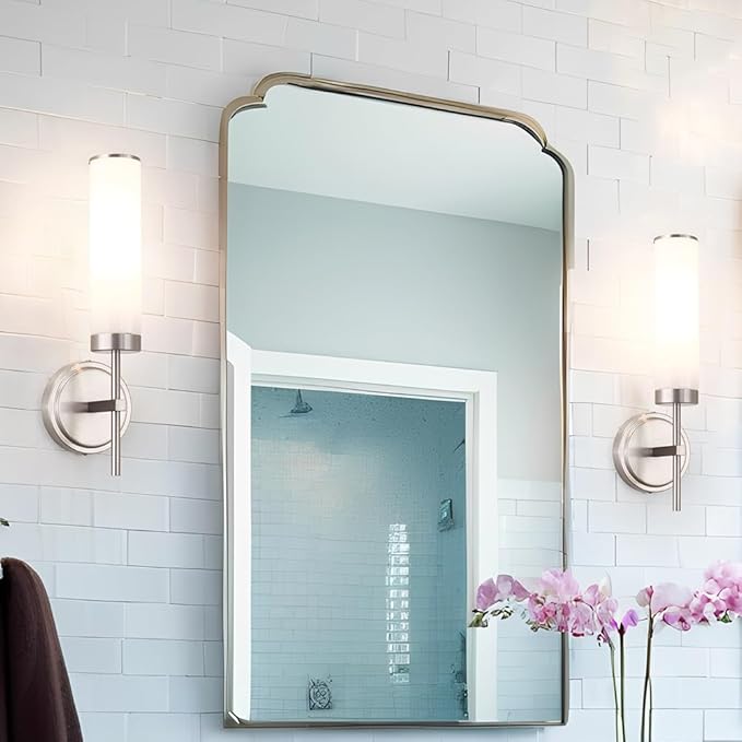 Brushed Nickel Wall Sconces Set of 2, Modern Bathroom Sconces Wall Lighting with Opal White Glass, Vanity Light Fixtures for Bathroom, Wall Mount Lights for Living Room Bedroom Hallway, Hardwired