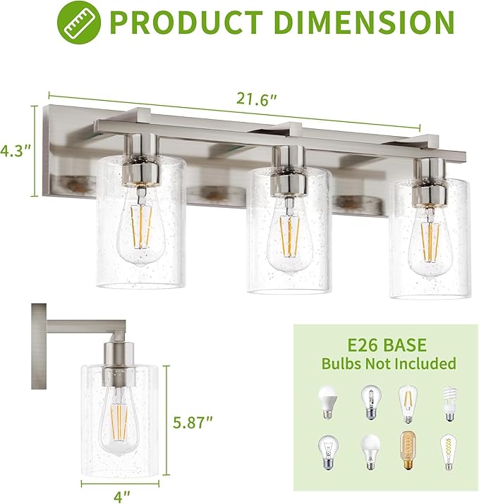 Espird Bathroom Vanity Light, 3 Light Brushed Nickel Bathroom Light Fixture with Thickened Seeded Glass Shade, 24 inch Modern Vanity Lights, Bathrooms Lights Fixture Over Mirror