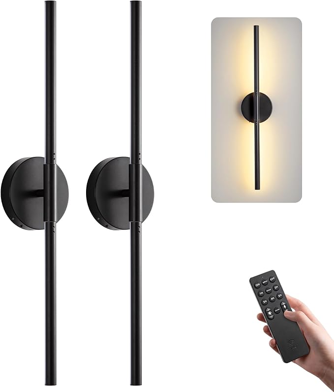 Battery Operated Wall Sconces Set of 2, Modern Wireless Wall Lights with Remote & Touch Control, 24 Inch Black Dimmable Rechargeable LED Sconce with 3 Colors & Timer for Bedroom, Living Room, Hallway