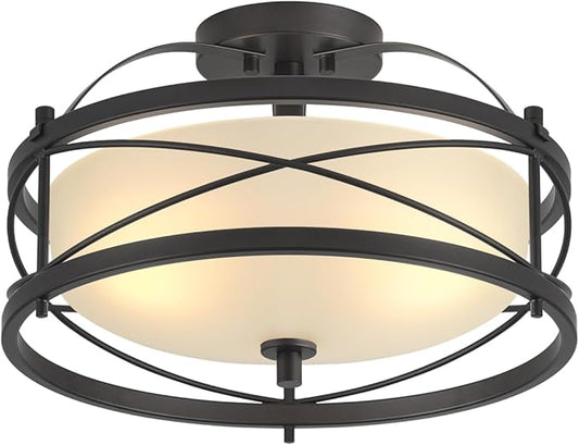 Entryway Drum Light Fixtures, Semi-Flush Mount Rustic Ceiling Light for Hallway Living Room Bedroom Kitchen (Black)