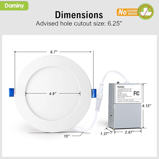 DAMINY 12 Pack 6 Inch LED Recessed Lighting with Junction Box,5CCT,Ultra-Thin Recessed Light,10W 1100LM, Dimmable Canless Wafer Ceiling Light, High Brightness