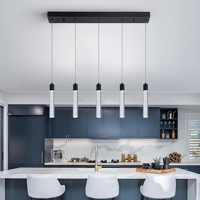 5 Black Pendant Lights Kitchen Island Modern with Adjustable Height - Clear Cylinder Island Lights, 3000-6000K Dimmable Kitchen Pendant Lighting for, Dining Room, Bar Counter
