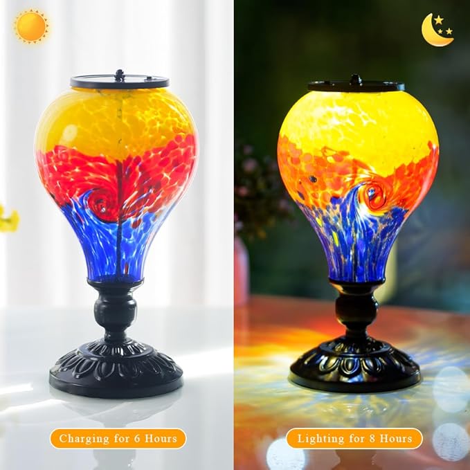 Outdoor Solar Lantern Waterproof Glass Table Lamp 9.8" H Hot Air Balloon Solar Lanterns Led Garden Lights for Patio Desk Garden Yard Tabletop Decor Ideal Gifts(Yellow-Red-Blue)
