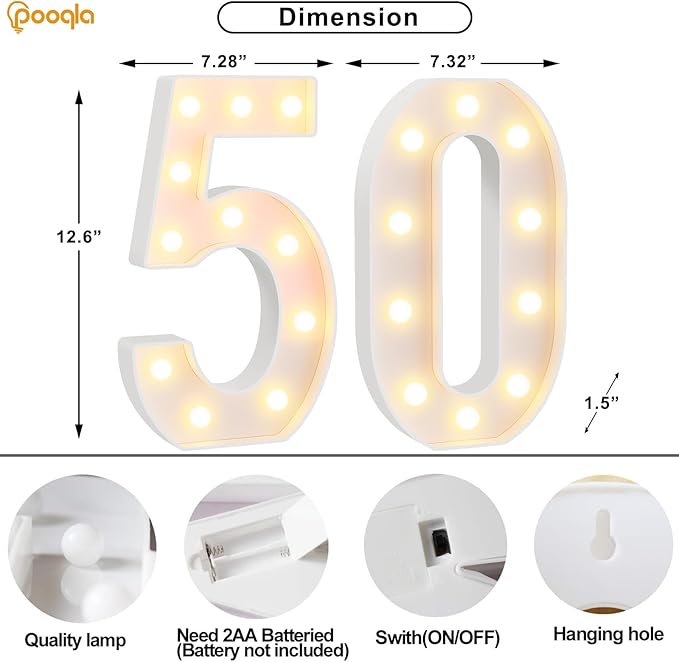 Pooqla 50th Birthday Decorations for Women Men, Large 12.6 in Tall Light Up Numbers for Party Decorations Table Decor, Big Marquee Numbers 50th Birthday Gift for Women Men Wedding Anniversary Decor