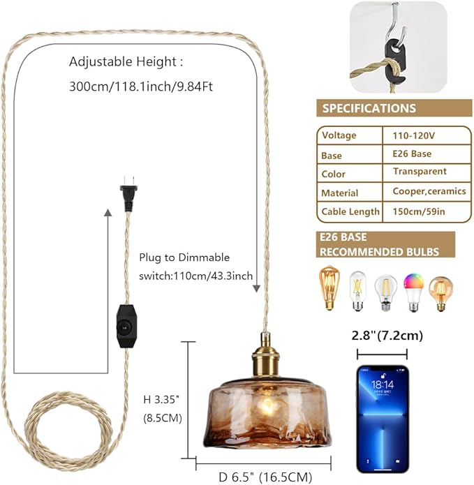 Glass Pendant Lights Kitchen Island Plug in Pendant Light with Dimmable Switch Amber Glass Lampshade for Bedside Dining Room Foyer, Brass