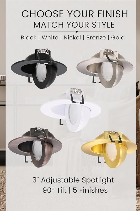POPANU Brushed Nickel 3 inch Recessed LED Lights, 7W 5CCT Gimbal Artwork Soffit Lighting Fixture, 360° Rotatable Swivel Spot Lights, Canless Dimmable Eyeball 90° Tilt, AC120V Fisheye 6 Pack Nickel