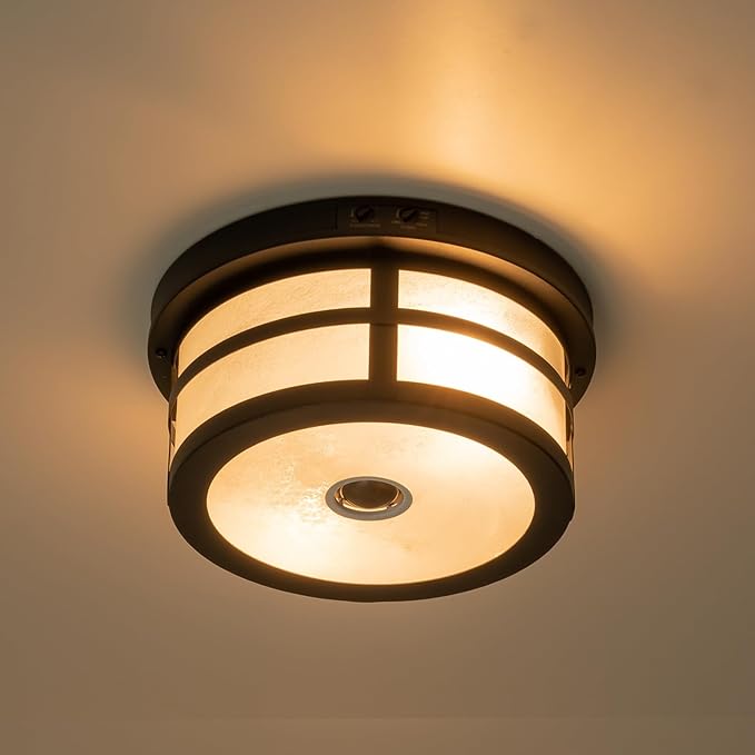 Motion Sensor Outdoor Ceiling Light, Flush Mount Front Porch Light with Adjustable Sensor 2-Light Black Outdoor Light Fixture Ceiling Mount with Frosted Glass for Garage, Patio