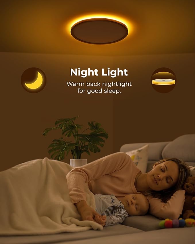 Matane 12 Inch LED Flush Mount Ceiling Light Fixture with Night Light, 24W 2400LM 3000K/4000K/5000K Selectable, Dimmable Ceiling Lights for Bedroom, Dining Room, Kitchen, Round Gold