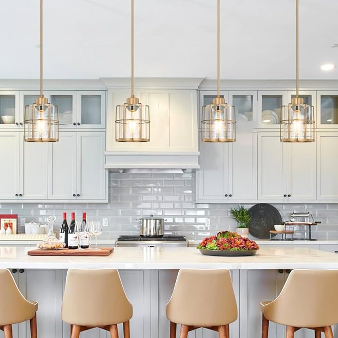 Modern Brass Pendant Light Kitchen Island Set of 2, Farmhouse Gold Pendant Light with Clear Cylinder Glass, Adjustable Rod Bathroom Pandand Light over Sink, Small Hanging Lighting for Home Decor, E26