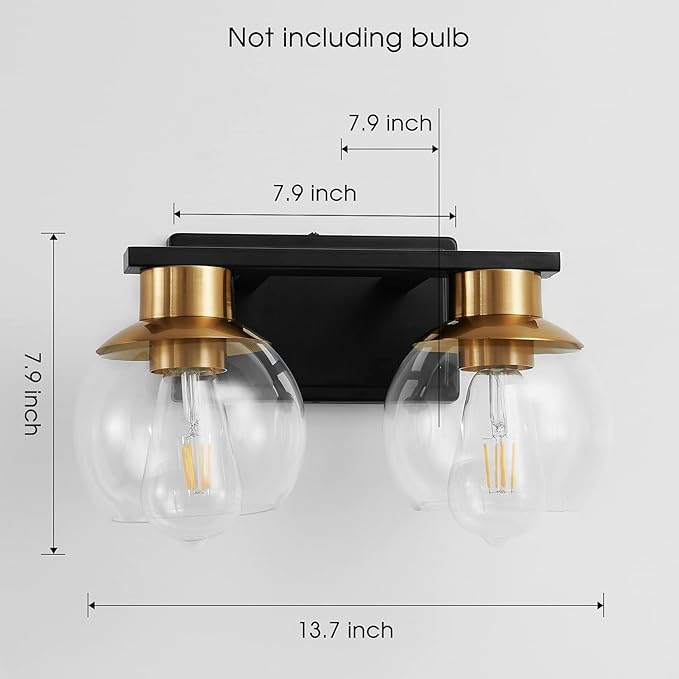 PAZALA 2 Light Vanity Lights, Black Gold Bathroom Wall Sconce Light with Globe Glass Shade, Bathroom Light Fixture Over Mirror for Bedroom, Living Room, Hallway (E26 Base)