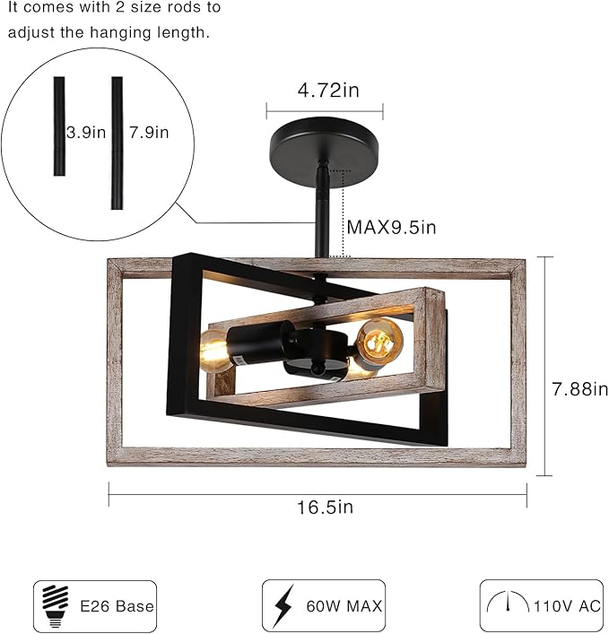 HuisMier Farmhouse 3-Lights Flush Mount Ceiling Light Fixture, Industrial Wood and Metal Chandelier, Retro Close to Ceiling Lighting for Kitchen Entryway Hallway Bedroom Dining Room Living Room Foyer