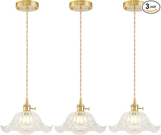 Vintage Pendant Lights Kitchen Island 3 Pack, Adjustable Pendant Light Fixtures with Transparent Lily Glass Lampshade, Gold Kitchen Pendant Lighting Over Island, Pendant Light for Dining Room Hallway