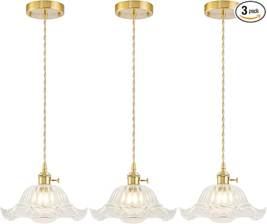 Vintage Pendant Lights Kitchen Island 3 Pack, Adjustable Pendant Light Fixtures with Transparent Lily Glass Lampshade, Gold Kitchen Pendant Lighting Over Island, Pendant Light for Dining Room Hallway