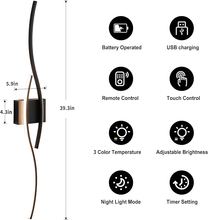 KARTOOSH Battery Operated Wall Sconces Set of Two with Remote Control, Dimmable/3 Color/Night-Light/Timer/Memory, Black Modern Wireless LED Sconce for Living Room, Hallway, Bedroom, 39.3 Inch (2 Pack)