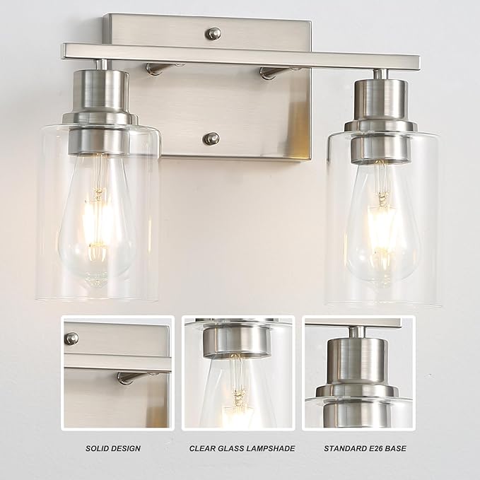Farmhouse Wall Sconces 2-Lights Brushed Nickel Bathroom Vanity Light Fixtures,Classic Wall Lights with Clear Glass Shades, Modern Wall Lighting for Mirror,Bedroom,Living Room