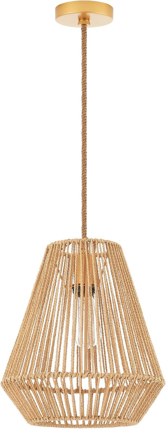 Woven Pendant Lights Hanging Lamp with 12" Hand Rattan Basket Shade Antique Brass Brush Paint Finish for Kitchen Island Farmhouse Dining Room Bar Bedroom Foyer Hallway
