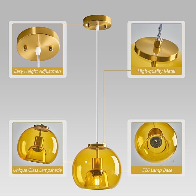 Yellow Glass Pendant Lights Kitchen Island Gold Hanging Light Fixture Glass Globe Pendant Light Modern Pendant Lighting for Kitchen Island Bedroom Dining Room (7.87", 2 Pack)