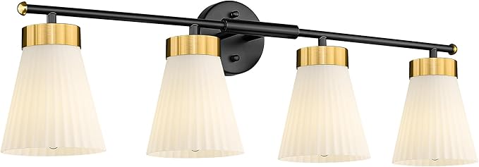 4-Light Bathroom Light Fixture, HWH 32 Inch Vanity Lights Over Mirror, Modern Sconce Wall Lighting with Frosted Milk White Striped Glass, Black and Gold Finish, 5HZG97B-4W BK+BG