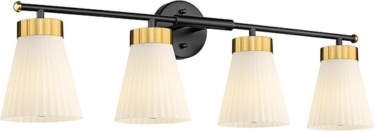 4-Light Bathroom Light Fixture, HWH 32 Inch Vanity Lights Over Mirror, Modern Sconce Wall Lighting with Frosted Milk White Striped Glass, Black and Gold Finish, 5HZG97B-4W BK+BG