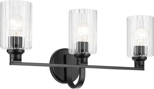 Kichler Gioe 24.25" 3-Light Bathroom Vanity Light Fixture with Clear Fluted Glass in Black, Modern Wall Mount Over Mirror for Powder Room, Damp Rated (24.25" W x 10.5" H), 55226BKFLU