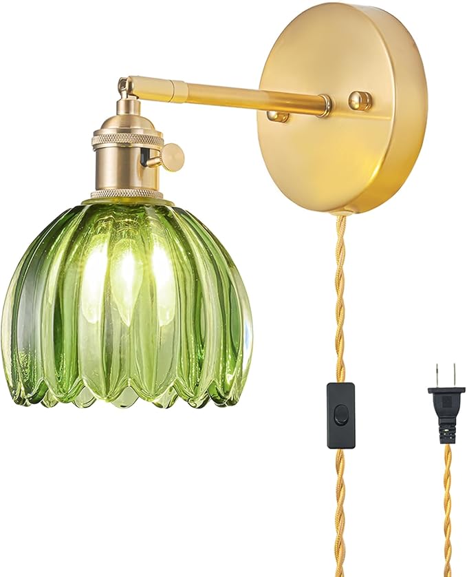 Plug in Wall Sconce, Vintage Sconce Light with Tulip Green Glass Lampshade, Bedside Wall Sconce with Switch and Plug in Wall Lamp Cord, Gold Wall Light for Bedroom