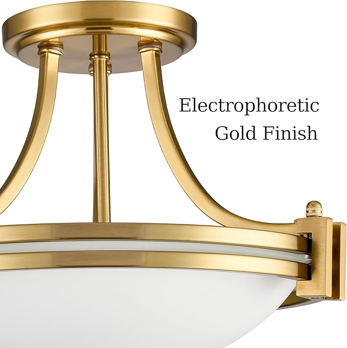 12-Inch Brass Semi Flush Mount Ceiling Light Milk Glass Light Fixture Mid Century 2-Light Gold Glass Ceiling Light for Hallway Bedroom Foyer