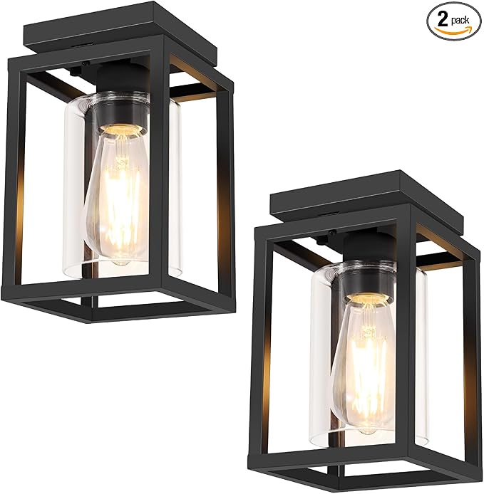 Baocuz 2 Pack Semi Flush Mount Ceiling Light Fixture, Black Metal Frame Porch Ceiling Light Fixture with Clear Glass Shade and E26 Ceramic Base, Farmhouse Light Fixtures for Kitchen Entryway Foyer