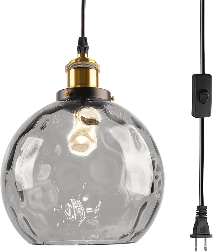 Hanging Lamp Smoke Gray Glass Pendant Light Plug in Hammered Glass Globe Pendant Lights Kitchen Island Plug in Ceiling Light with Cord Vintage Hanging Pendant Lamps for Living Room Bedroom