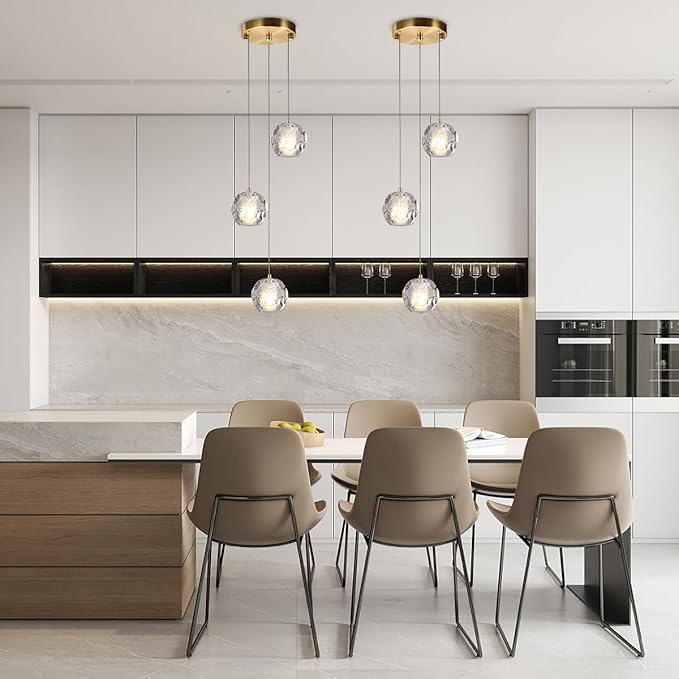 3 Lights Pendant Lighting, Bubble Crystal Pendant Light Fixture Brushed Brass for Dining Room, Modern Cluster Pendant Island Hanging Light for Kitchen