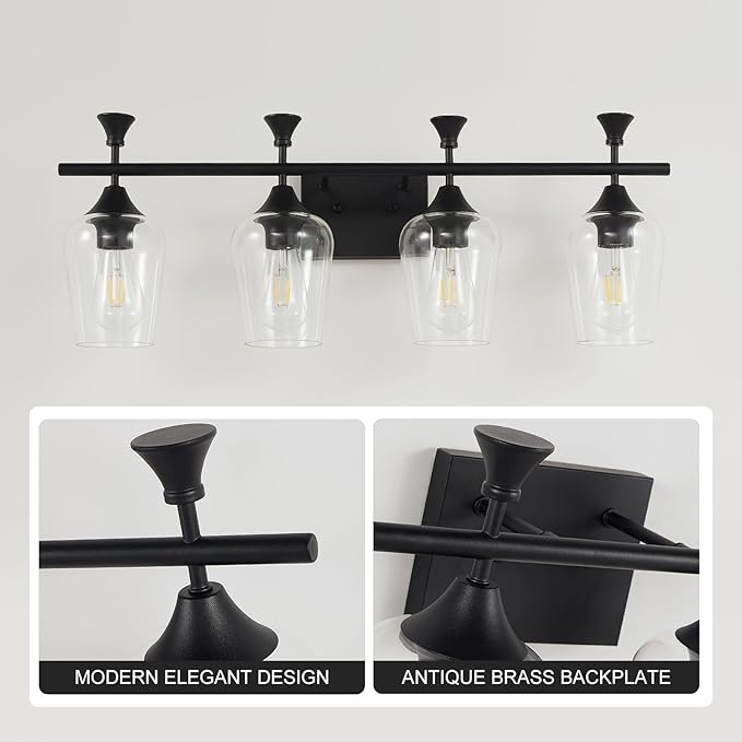 Bathroom Light Fixtures (4-Light, 29 Inch), Matte Black Vanity Lights for Bathroom with Clear Wine Glass Glass Shade, Modern Vanity Wall Lights for Mirror Bedroom Living Room Kitchen Hallway Porch