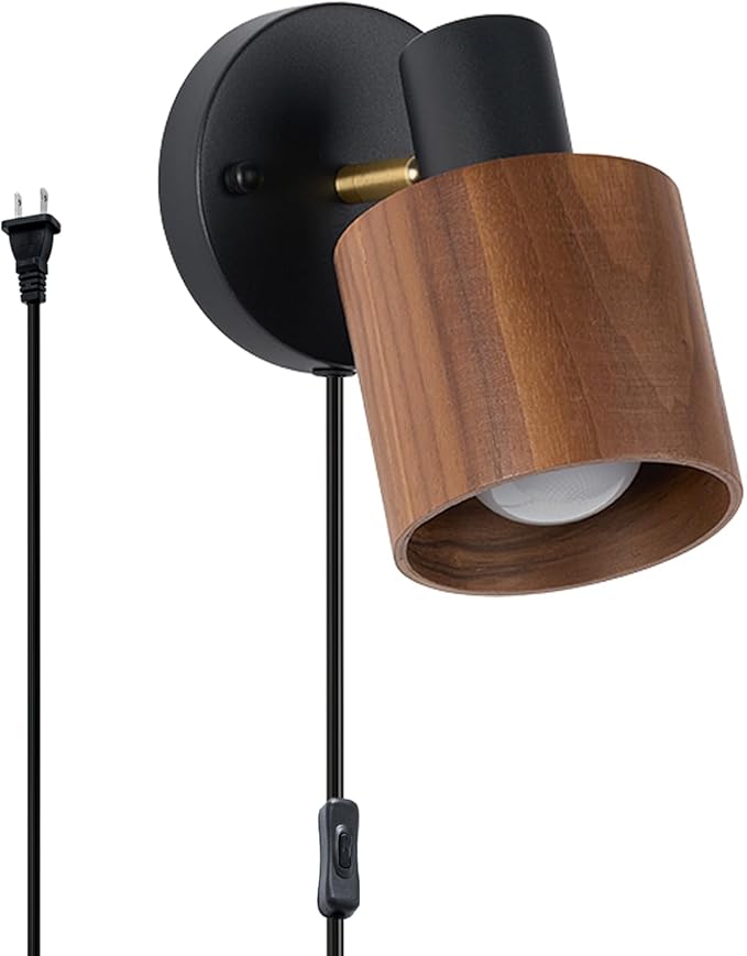 Modern Black Plug-in Wall Lamp - Real Walnut Wood Shade with Adjustable Directional Lighting, Industrial Wall Sconce for Bedroom, Living Room, Home Office