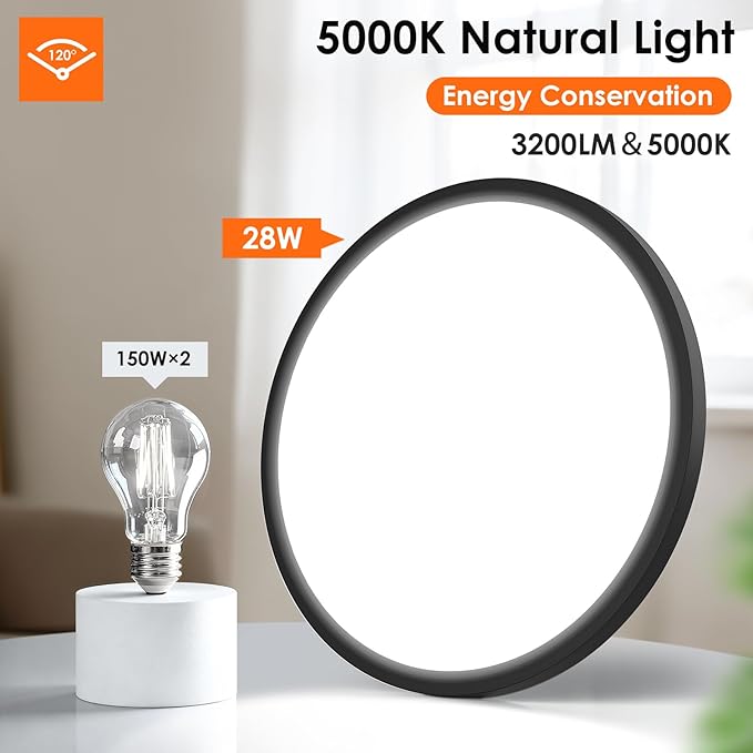Brightever 12 Inch Black LED Flush Mount Ceiling Lights, 28W 3200LM, Ultra Thin 0.67 Inch Close to Ceiling Light Fixtures, 5000K Daylight Dimmable Flat Ceiling Lamp for Dining Room, Garage, 6 Packs