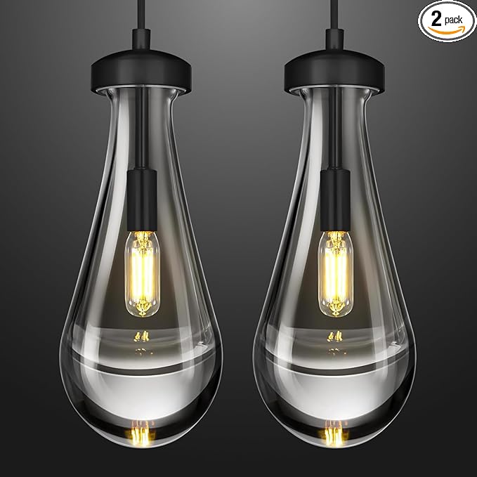 Raindrop Pendant Light Set of 2, Black 4.7-inch Clear Glass Teardrop Chandelier for Kitchen Island, Modern Pendant Lighting for Dining Room, Bedroom, Hallway, Adjustable Hanging Cord, Included Bulb