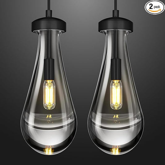 Raindrop Pendant Light Set of 2, Black 4.7-inch Clear Glass Teardrop Chandelier for Kitchen Island, Modern Pendant Lighting for Dining Room, Bedroom, Hallway, Adjustable Hanging Cord, Included Bulb