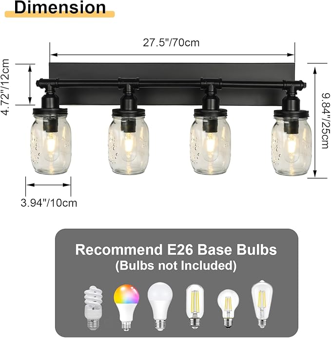 Bathroom Wall Light Fixtures, Industrial Mason Jar Vanity Light, Wall Sconce with Black Finish(4 Light)