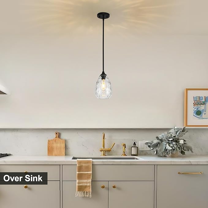 Glass Pendant Lights Kitchen Island, 6.3in Small Modern Black Pendant Light Fixtures with Hammered Clear Glass, Hanging Lighting for Kitchen Over Sink Dining Room Bedroom
