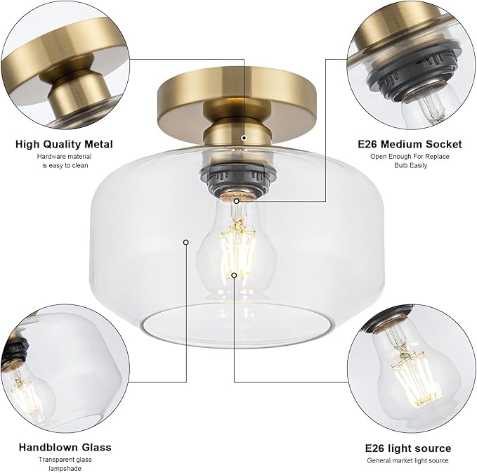 Tbaoinal Semi Flush Mount Ceiling Light Clear Glass Shade Matal Base, Inclede 900 LM LED Bulb, Low-Profile for Kitchen/Hallway/Entryway/Bathroom, Golden