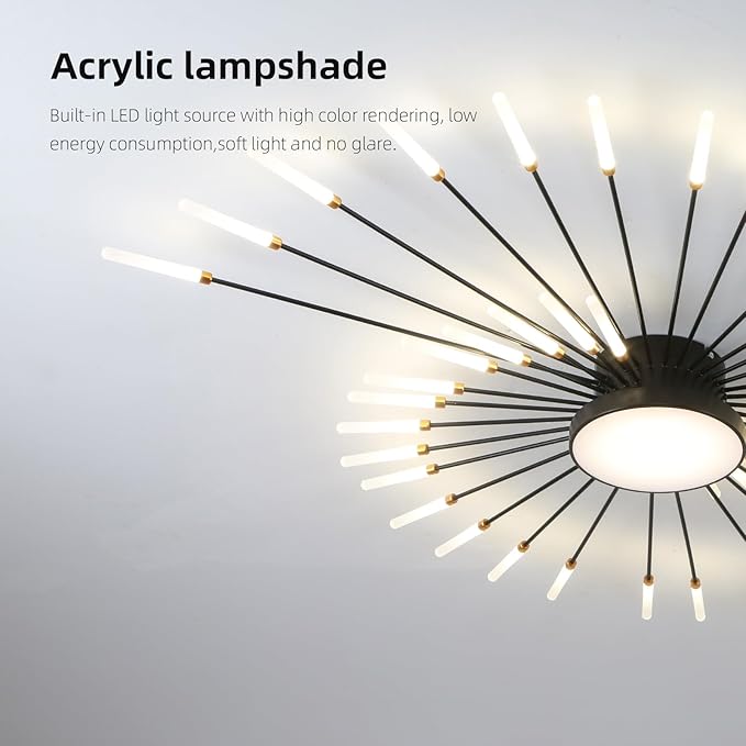 JAYMP 50.4" Ceiling Light Modern Flower Shape Ceiling Lamp for Living Room Dining Room Flush Mount Metal Acrylic Sputnik Firework Petal LED Lighting Fixture (Matte Black, 42+1 Lights)