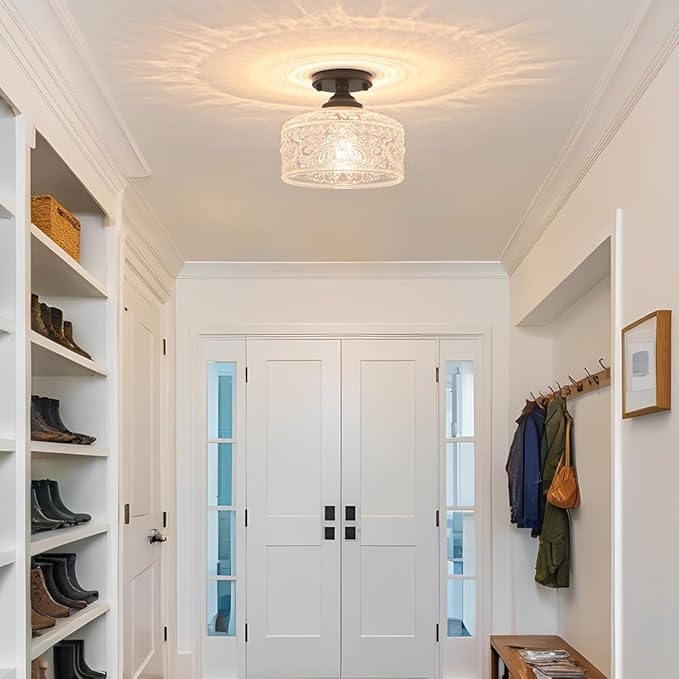Small Semi Flush Mount Ceiling Light Fixture, Vintage Matte Black Close to Ceiling Lighting with Etched Glass Shade for Hallway, Kitchen, Entryway (Retro Design, Easy Install)