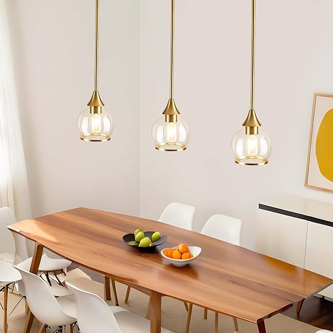 1-Piece Gold Island Light for Kitchen, 1-Light Brushed Gold Hanging Pendant Light with Clear Round Glass Shade for Dining Room,Bedroom