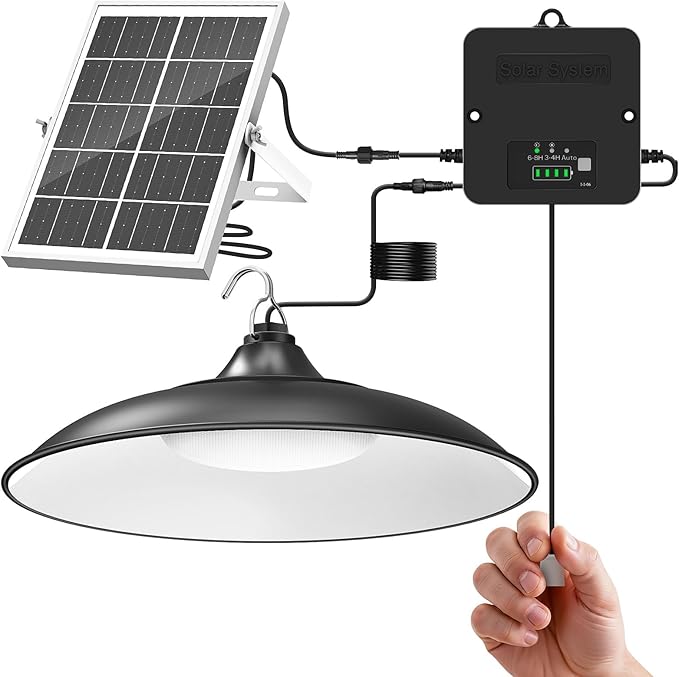 Solar Shed Light Indoor Outdoor, 2000LM Hanging Pendant Light, Battery Display,Pull String Switch,Split Panel Fast Charge,Waterproof for Barn, Gazebo, Chicken Coops, Shop