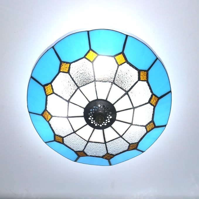 12 Inch Tiffany Style Vintage Stained Glass Ceiling Light Flush Mount Ceiling Light Pendent Chandelier Lighing Fixtures (12 Inch Blue B)